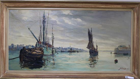 J. Crozes, oil on canvas, fishing boats in harbour, signed and dated 42, 60 x 119cm